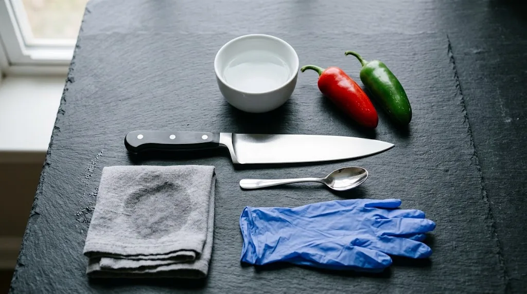 A clean prep station on matte dark slate with a sharp chef's knife, small stainless spoon, folded damp cloth, food-safe gloves, and a small white ceramic prep bowl arranged beside a single whole fresh red ripe jalapeño pepper and one small fresh green jalapeño, both uncut with intact green stems