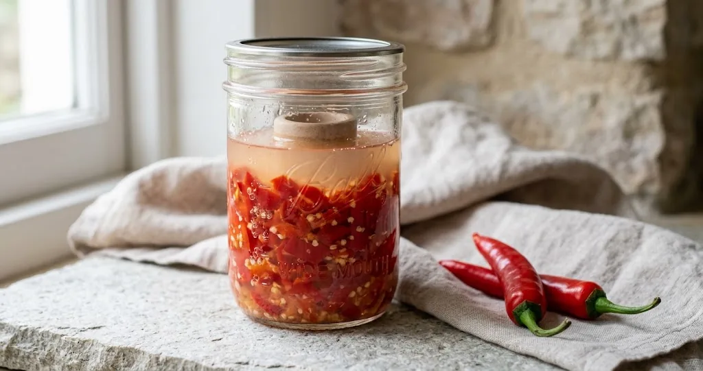 Clear glass mason jar of chopped red chili peppers in pale-orange salt brine with a ceramic fermentation weight, on a stone counter