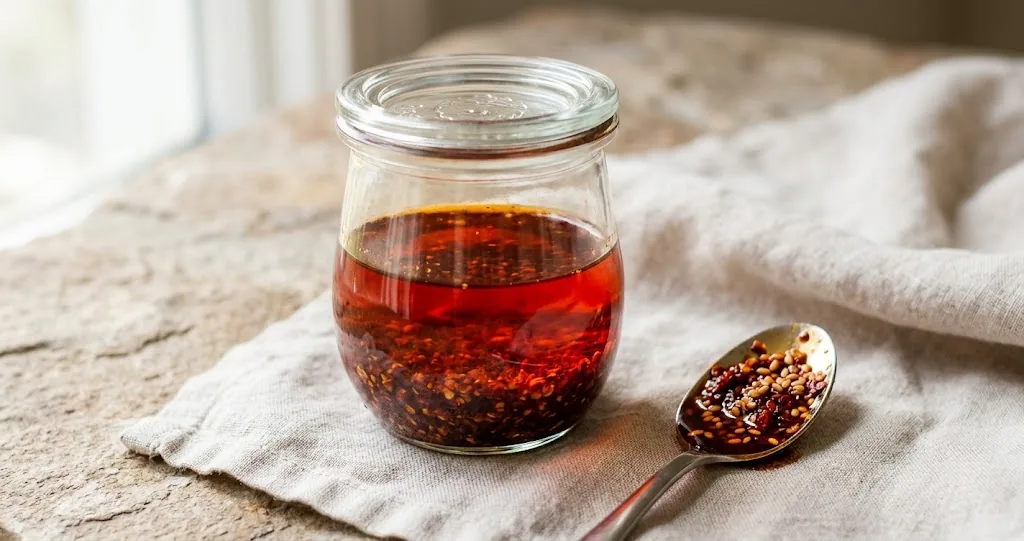 Small clear glass jar half full of finished homemade chili oil glowing deep red with a stainless spoon holding a spoonful of the oil beside it on a stone surface