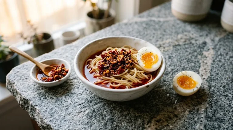 Bowl of plain noodles topped with a spoonful of homemade chili crisp on a stone counter with a sliced soft-boiled egg and a small jar of extra chili crisp