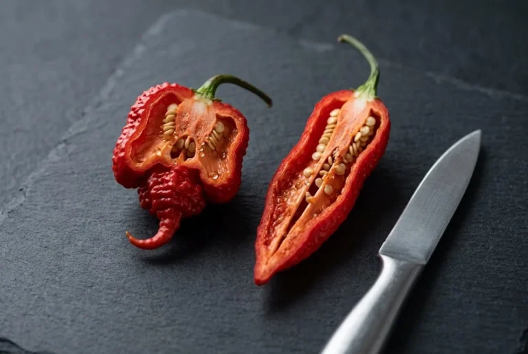 Halved Carolina Reaper and Ghost Pepper side by side on dark slate showing stinger tail and capsaicin placenta with paring knife