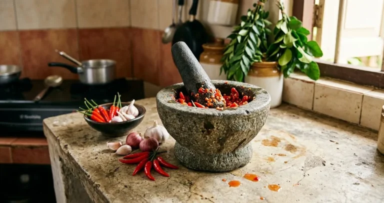 Heavy stone mortar with pestle on a worn limestone counter, half a dozen ripe red bird's eye chilies, peeled shallots and garlic clustered beside, soft warm side-window light