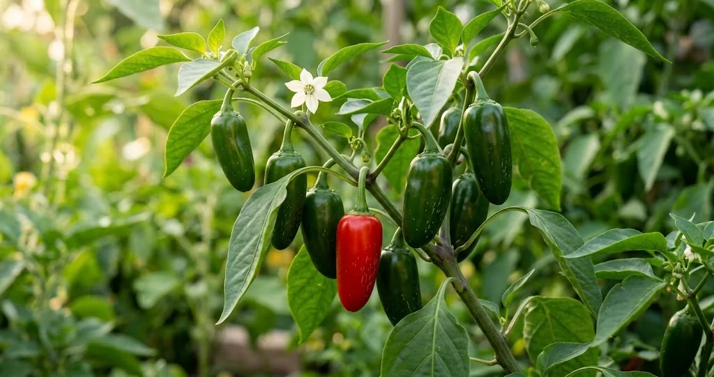 Close-up of one Jalapeño (Capsicum annuum) branch with white flower and glossy green and red pods on a sunny patio