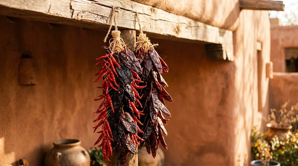Traditional Mexican chili pepper ristra hanging on a sun-bleached door against a terracotta wall, with chile de ?írbol, ancho, and guajillo pods strung together.