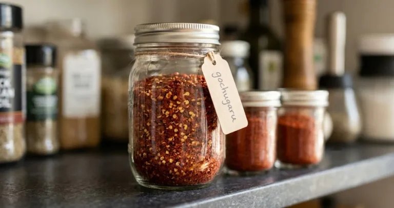 Three glass jars of coarse, medium, and fine gochugaru on a dark pantry shelf with a handwritten kraft tag