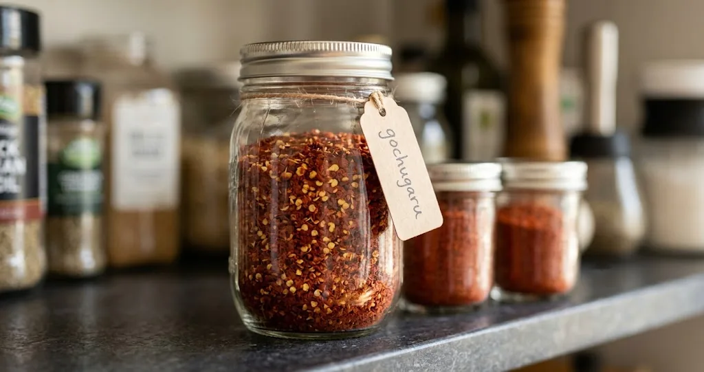 Three glass jars of coarse, medium, and fine gochugaru on a dark pantry shelf with a handwritten kraft tag