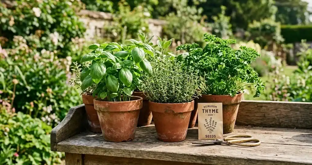 Potted culinary herbs in terracotta pots on a wooden garden potting bench with garden shears and seeds