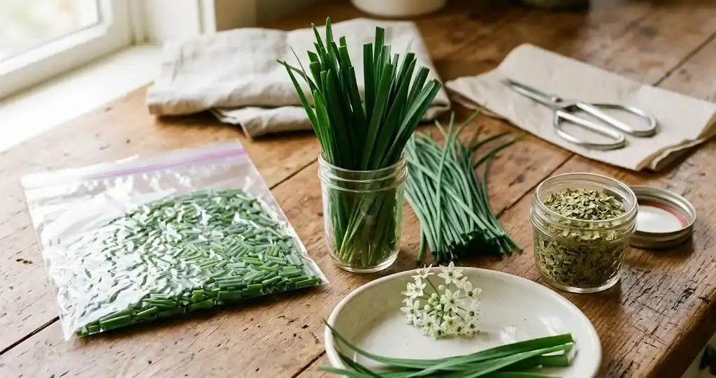Garlic chive harvest with refrigerator jar, freezer bag of chopped leaves, and mason jar of dried chives
