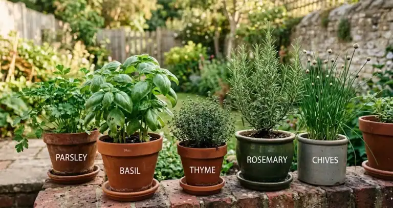 Potted basil, thyme, rosemary, parsley, and chives arranged on a sunny patio