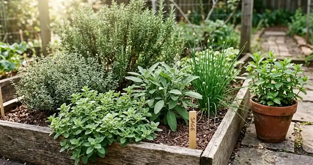 Sunlit corner of a home herb bed with rosemary, thyme, sage, oregano, chives, and a small pot of mint