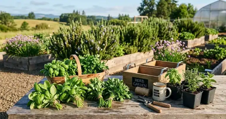 Commercial herb farm table with fresh bunches of sweet basil, flat-leaf parsley, and potted herb starts in morning light