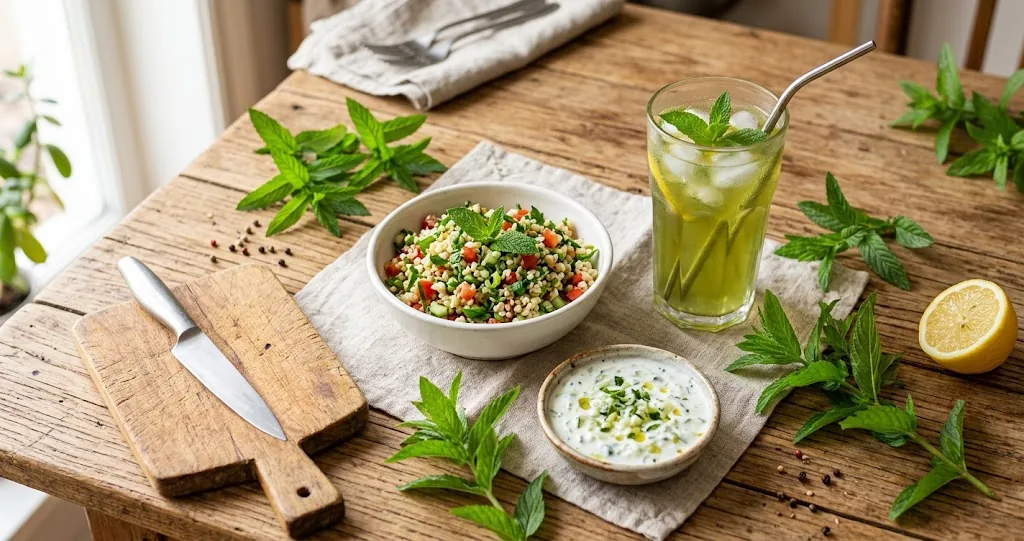 Fresh spearmint herbs with Mediterranean tabbouleh, iced green tea, and yogurt tzatziki on a wooden table