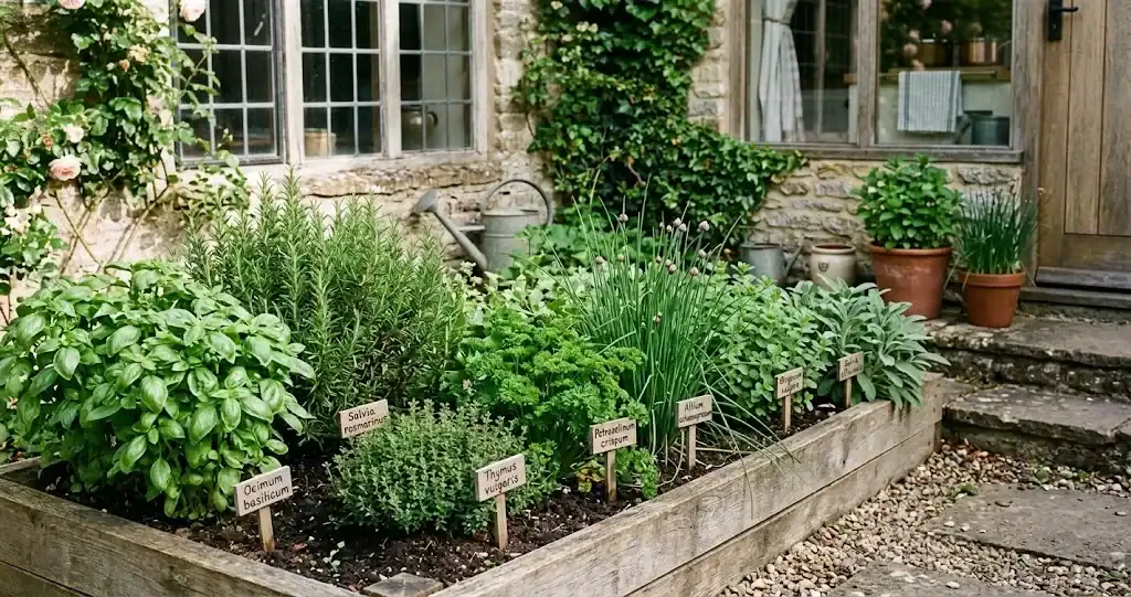 A small sunny raised bed growing basil, rosemary, thyme, parsley, chives, oregano, and sage