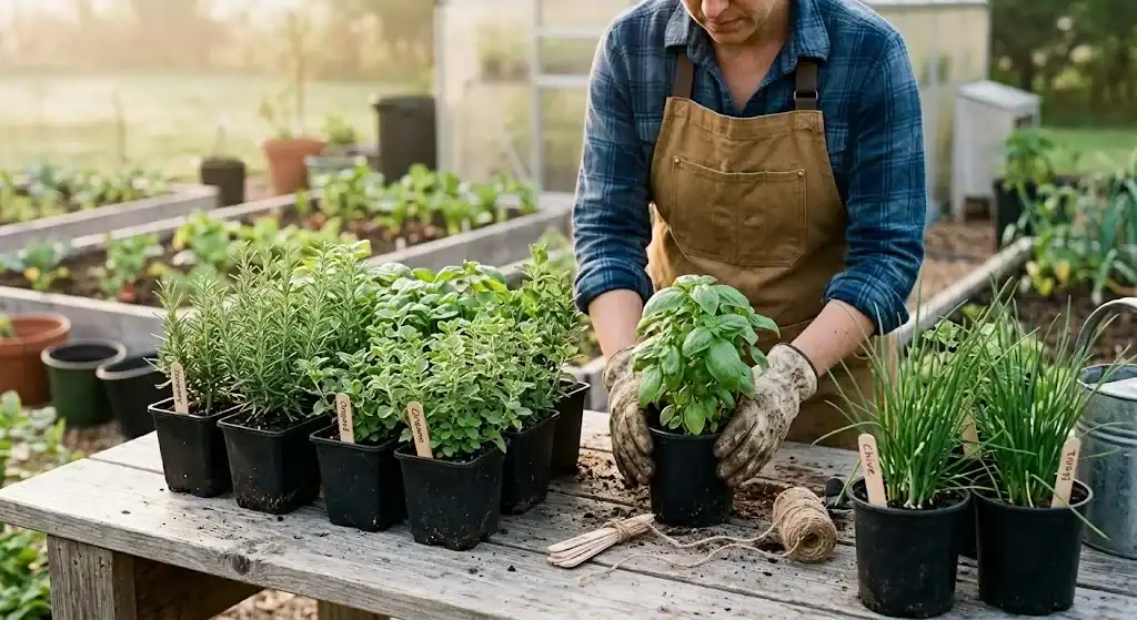 Small-scale herb grower arranging basil, rosemary, oregano, and chive plants for sale