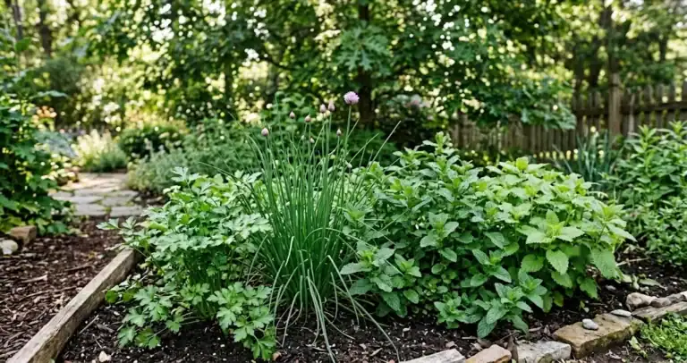 Parsley, chives, mint, and lemon balm growing in a bright shaded herb bed