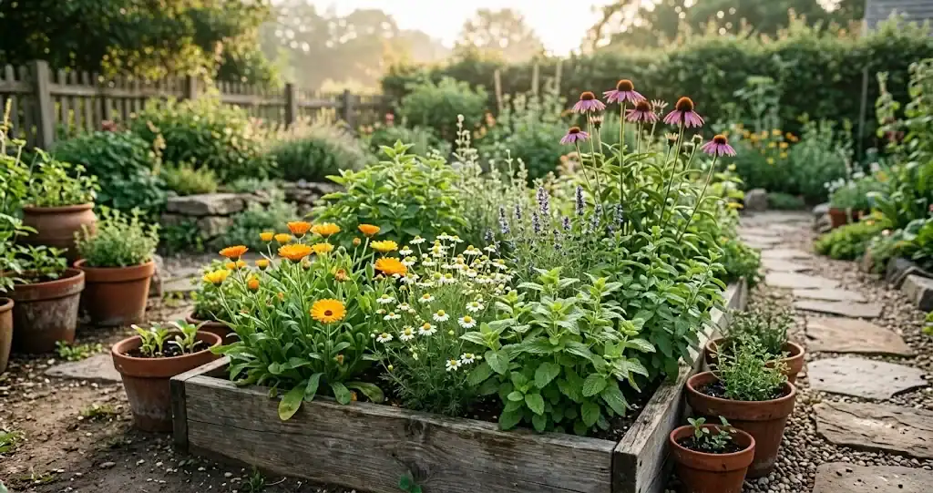 A small medicinal herb garden with calendula, chamomile, lemon balm, peppermint, hyssop, and echinacea