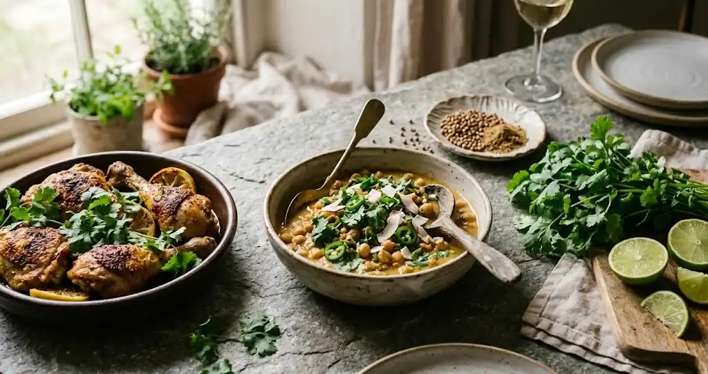 Lemon-spiced chicken, coconut chickpea curry, coriander seeds, lime, and fresh cilantro on a table
