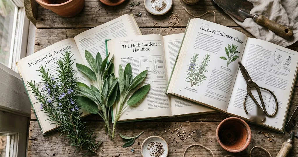 Open herb gardening books on a potting table surrounded by fresh rosemary, sage, brass garden snips, and terracotta pots