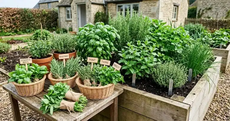 Healthy culinary herbs in containers and a raised bed prepared for a small local market