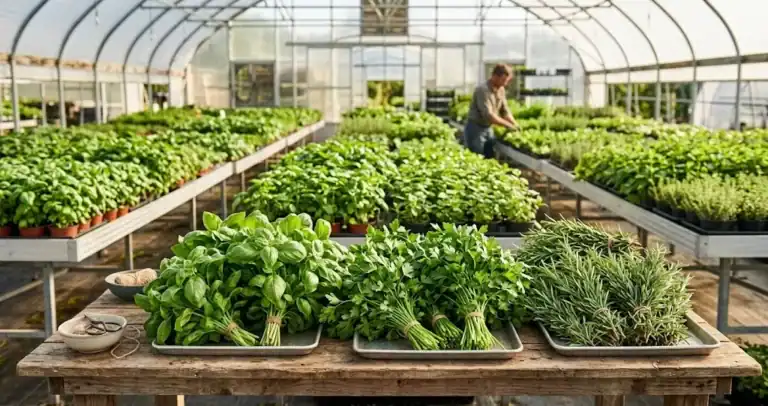 Freshly harvested culinary herb bunches on a wooden table in a commercial production nursery