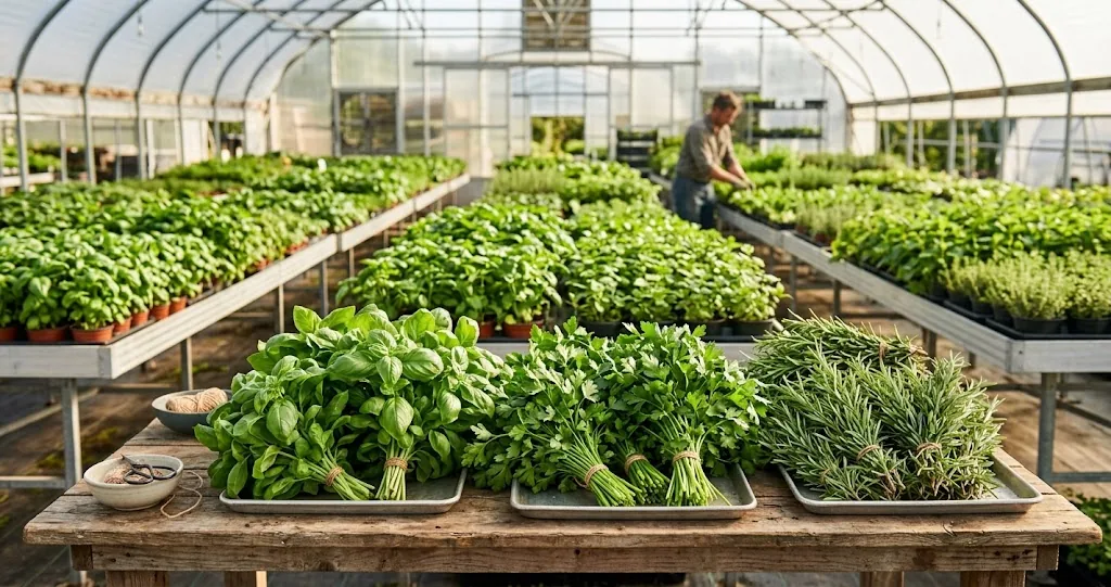 Freshly harvested culinary herb bunches on a wooden table in a commercial production nursery