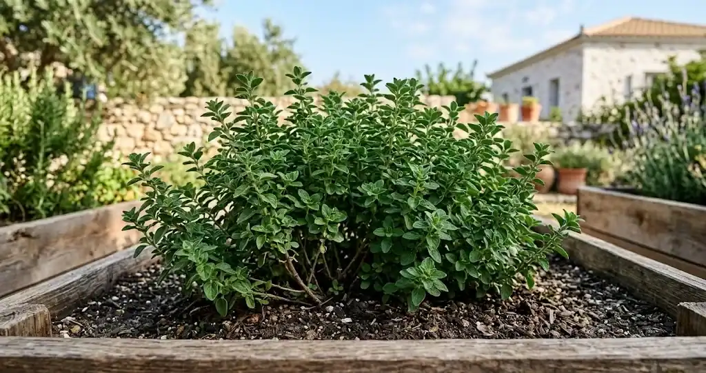 Lush culinary Greek oregano plant growing in a sunny raised garden bed