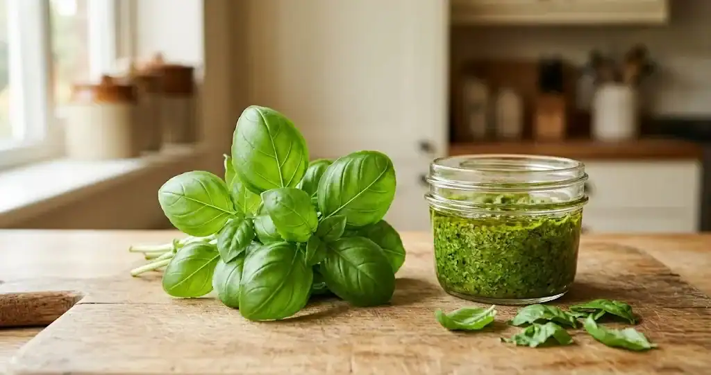 A small bunch of fresh sweet basil leaves beside a glass jar of green pesto on a wooden cutting board