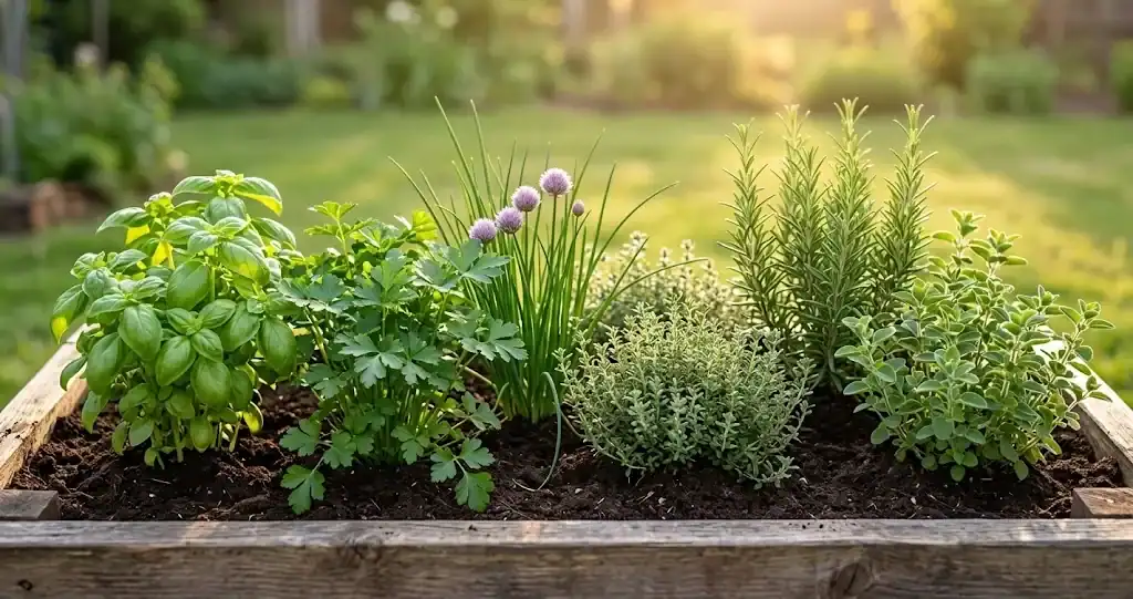 A thriving new culinary herb garden in a sun-drenched raised bed with basil, parsley, chives, thyme, rosemary, and oregano
