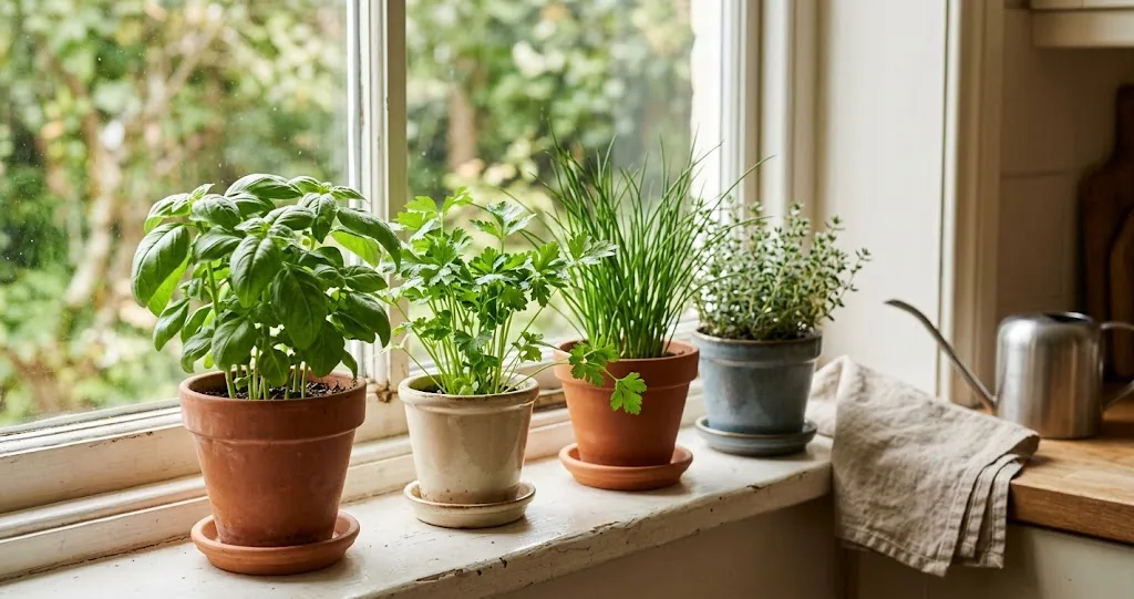 Sunny kitchen windowsill lined with potted basil, parsley, chives, and thyme in clean terracotta pots