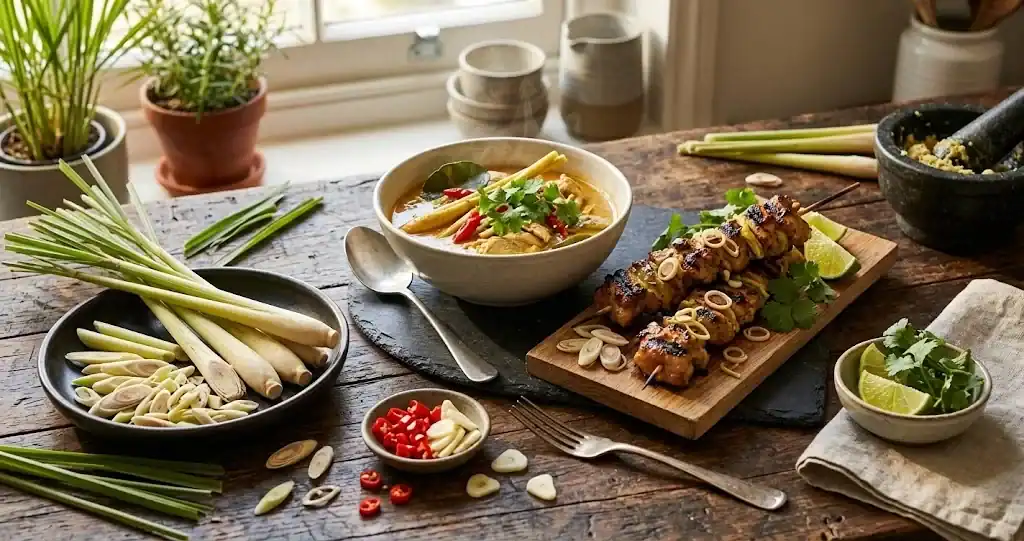 A vibrant tabletop spread of cooked lemongrass dishes including yellow curry, grilled chicken, and fresh sliced lemongrass stalks