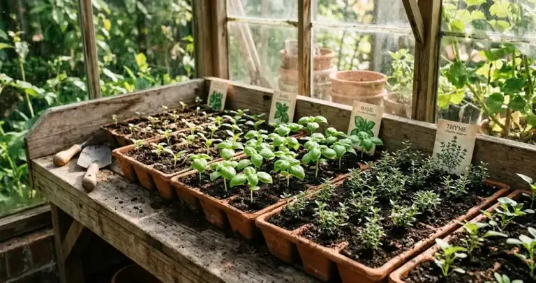 Terracotta seedling trays with sprouted basil and thyme seedlings on a wooden potting bench in morning sunlight