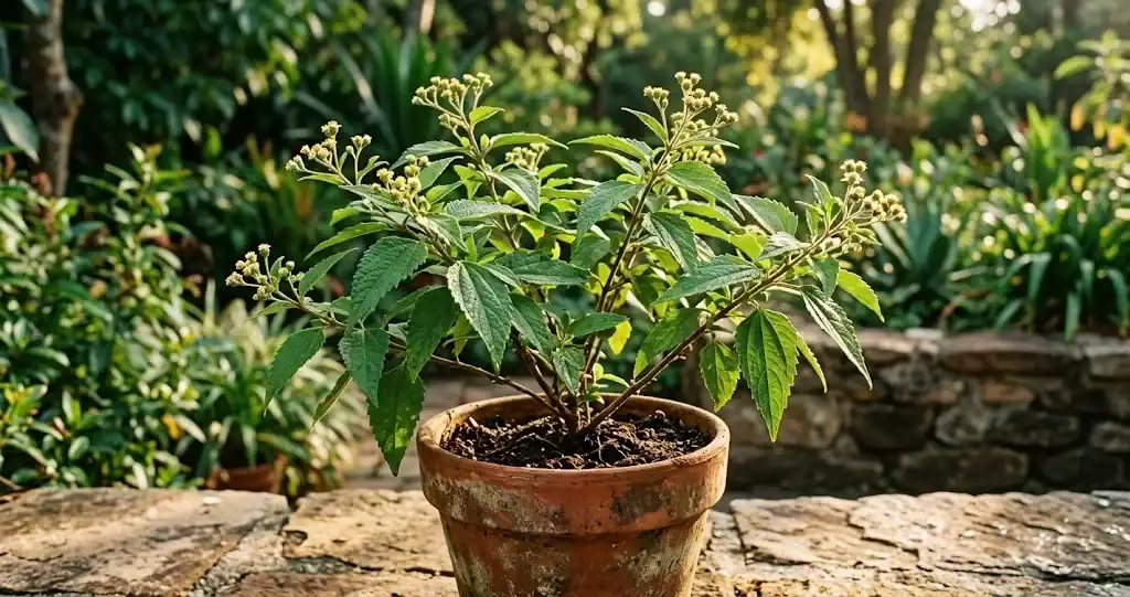 A healthy potted Calea zacatechichi dream herb plant with lush green serrated leaves bathed in warm morning sunlight