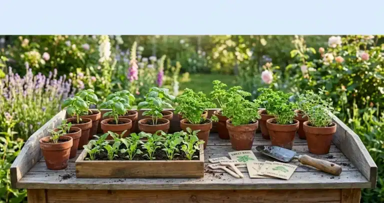 A sunlit wooden potting bench with terracotta pots and sprouting herb seedlings