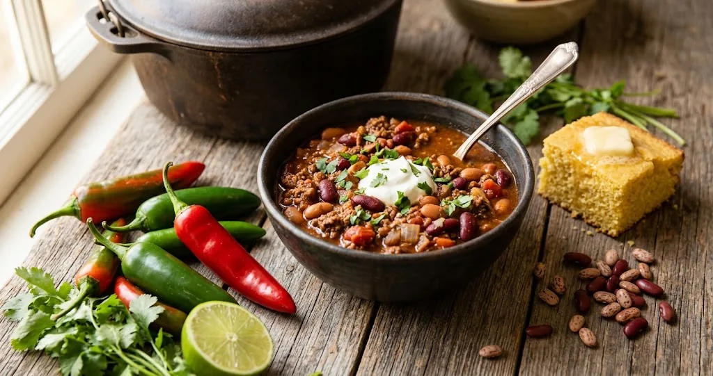 A bowl of finished chili with sour cream and cheese, surrounded by fresh chiles, lime, and cilantro on a wooden table