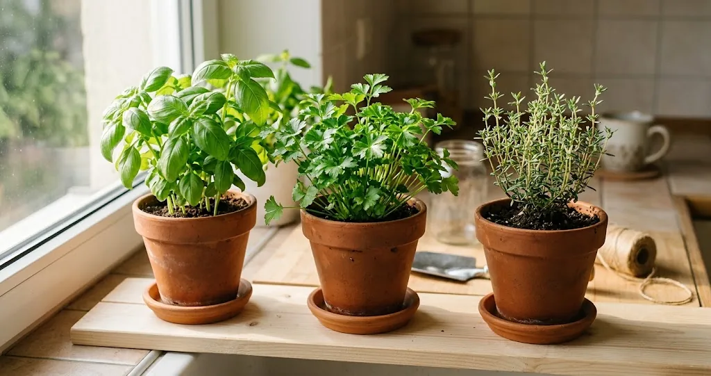 Three small terracotta pots on a sunlit kitchen shelf with sweet basil, flat-leaf parsley, and thyme
