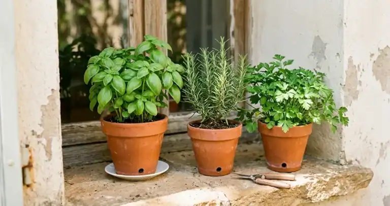 Three terracotta pots of culinary herbs (sweet basil, rosemary, and flat-leaf parsley) on a sunlit kitchen windowsill