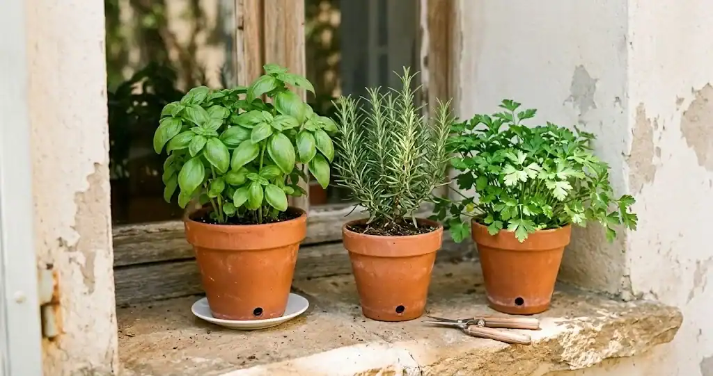 Three terracotta pots of culinary herbs (sweet basil, rosemary, and flat-leaf parsley) on a sunlit kitchen windowsill