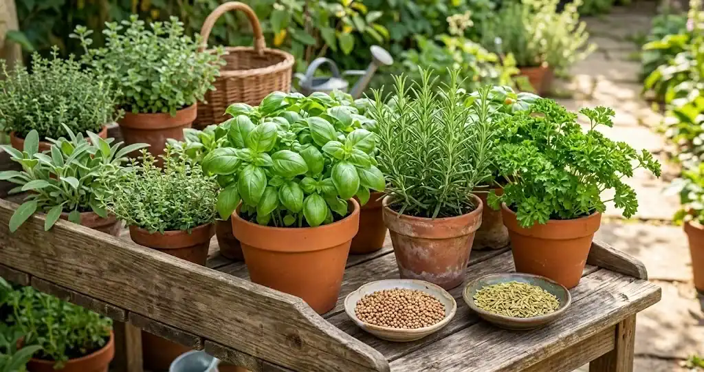 Potted culinary herbs on a sunny potting bench with freshly harvested whole seed spices in small dishes