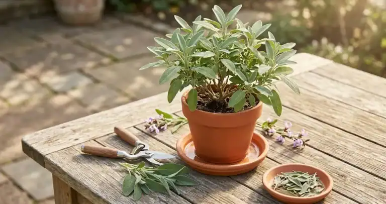 Mature common sage plant in a terracotta pot with pruners and dried leaves on a sunlit wooden table