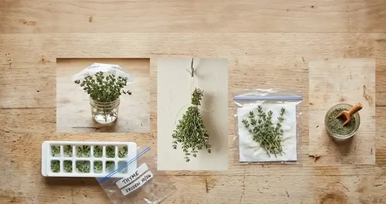 An overhead flat lay of thyme storage methods on a wooden counter, including a glass of water with stems, a hanging bunch of thyme, a paper-towel bag, an ice cube tray of chopped thyme leaves, and a small jar of dried thyme leaves