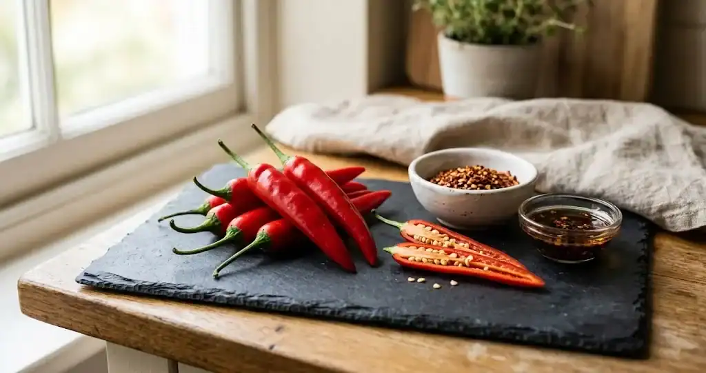 Fresh red chili peppers on a slate board with a small dish of chili flakes and chili oil