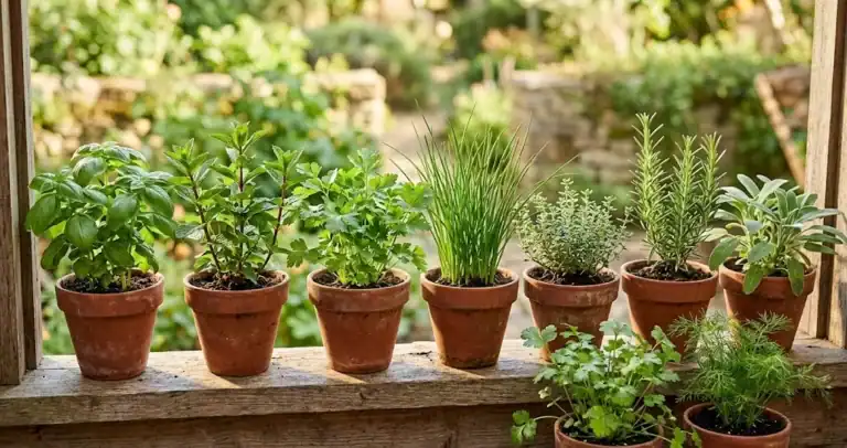 A row of terracotta pots along a sunlit kitchen sill, each holding a different culinary herb in mid-growth including basil, mint, parsley, chives, thyme, rosemary, sage, cilantro, and dill