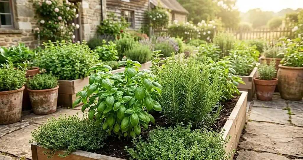 A flourishing home herb garden in cedar raised beds and terracotta containers on a sunny patio