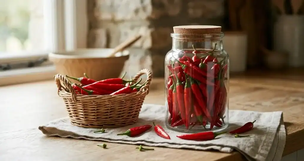 Red chili peppers in a glass jar on a kitchen counter, ready for storage