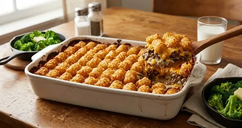 A golden brown tater tot casserole in a 9x13 baking dish with a serving spoon lifting a portion, on a wooden dinner table