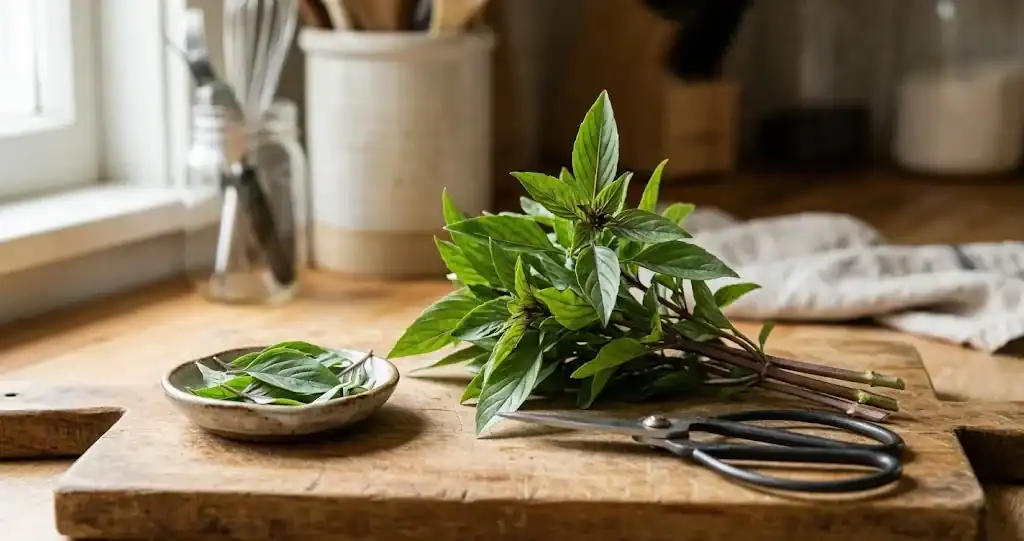 A freshly cut bunch of Thai basil with purple-tinged stems on a wooden kitchen counter