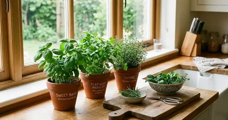 Freshly potted culinary herbs in terracotta pots on a sunlit kitchen countertop with garden snips