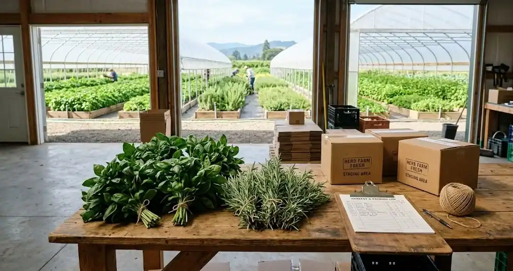 Freshly bundled bunches of sweet basil and dark green rosemary on a wooden packing table in a sunlit greenhouse nursery