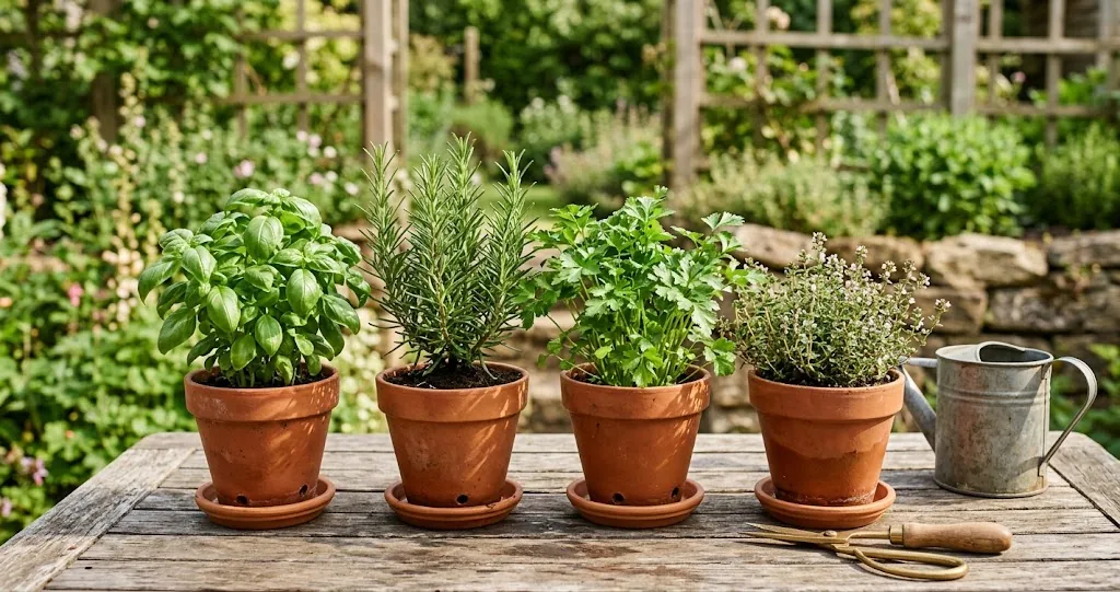 Potted culinary herbs including basil, rosemary, parsley, and thyme in terra cotta planters on a sunny outdoor wooden table with garden snips
