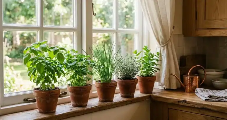 Five small terracotta pots of basil, parsley, chives, thyme, and mint on a sunny kitchen windowsill